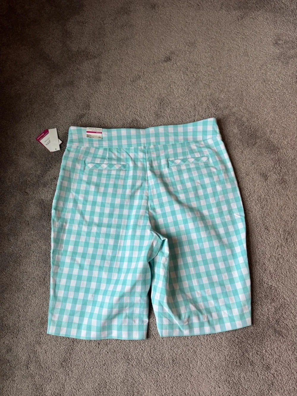 Kim Rogers Aqua Green White Gingham Pull On Tummy Control Bermuda Shorts SIZE 18
